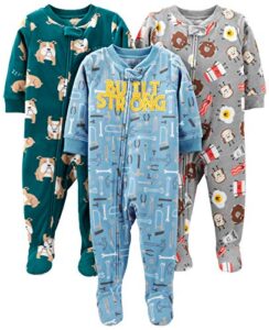 simple joys by carter's baby boys' loose-fit flame resistant fleece footed pajamas, pack of 3, breakfast/dogs/tools, 18 months
