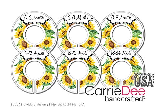 CarrieDee Handcrafted Baby Clothes Size Dividers, Girls Sunflower Nursery Closet Organizers, Baby Girl Floral Nursery Decor (Set of 6 (0-3m - 18-24m))