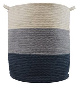 cotton rope basket for storage and organization in baby nursery or kids room | extra large 18” x 16” decorative laundry hamper, organizer for blankets, towels, toys, books | blue/grey/off-white