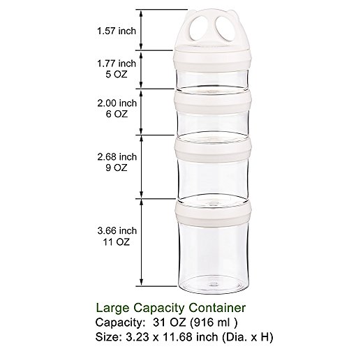 BeneLabel Snack Jars 4-Piece Twist Lock Stackable Containers Travel, Formula Travel Container for Storing Milk, Protein Powder, Snacks, Travel Items, BPA Free(White, 31oz)