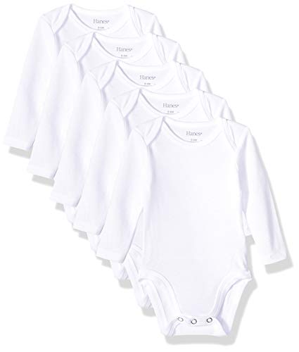 Hanes Baby Long Sleeve, Ultimate Flexy Bodysuits Boys & Girls, 5-Pack, Diamond White, 0-6 Months