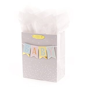 hallmark 9" medium baby gift bag with tissue paper - baby banner in grey, pink and blue for baby showers, new parents, and more