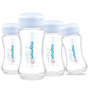 maymom wide-mouth milk storage collection bottle with travel cap and sealing ring ; can replace spectra s1 s2 avent natural avent classic bottles, motif luna, twist bottles, ameda mya bottle; 4pc