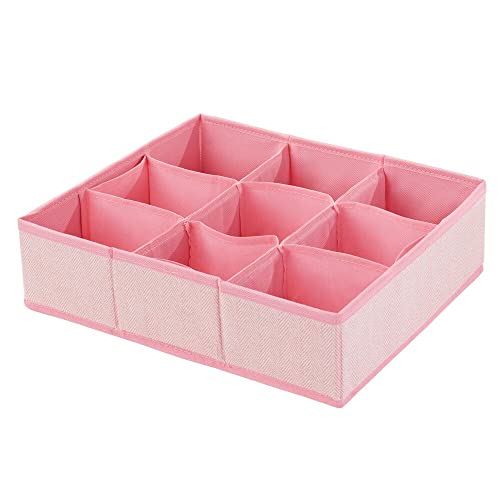 mDesign Fabric 9 Section Dresser Drawer and Closet Storage Organizer for Child/Kids Room, Nursery, Playroom - Large Divided Bin Holds Clothes, Diapers, Cream, Toy, Blankets - Pink Herringbone