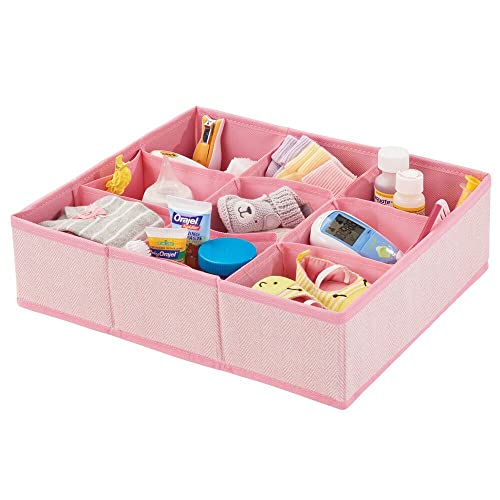 mDesign Fabric 9 Section Dresser Drawer and Closet Storage Organizer for Child/Kids Room, Nursery, Playroom - Large Divided Bin Holds Clothes, Diapers, Cream, Toy, Blankets - Pink Herringbone