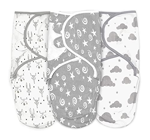 100% Organic Cotton Swaddle Blanket Baby Girl Boy Infant Sleep Sack Wrap, Adjustable Infant Swaddle Wrap Newborn Babies Small 0-3 Months. Clouds, Swirls, and Sleepy Animals. (Neutral Gray 3Pk)