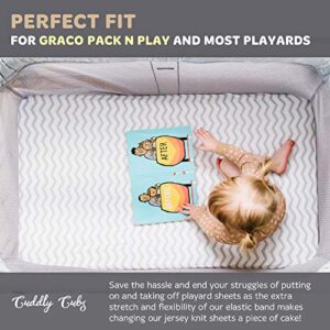 Cuddly Cubs Pack and Play Sheets Fitted – for Graco Pack n Play Playard – 2 Pack – Snuggly Soft Jersey Cotton Mini Crib Mattress Sheets Set for Baby Boy, Girl – Grey Polka Dots, Chevron