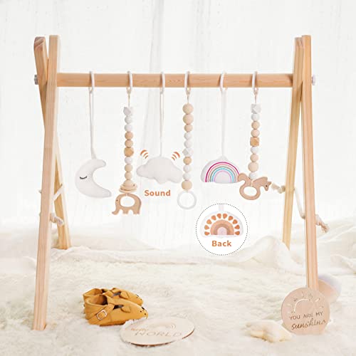 little dove Baby Play Gym Wooden Baby Gym with 6 Toys Foldable Baby Play Gym Frame Activity Gym Hanging Bar Newborn Gift Baby Girl Boy Gym Montessori Toy