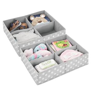 mdesign soft fabric dresser drawer and closet storage organizer, 4 section divided bin for child/kids room, nursery, playroom, bedroom - fun polka dot print, 2 pack - gray/white
