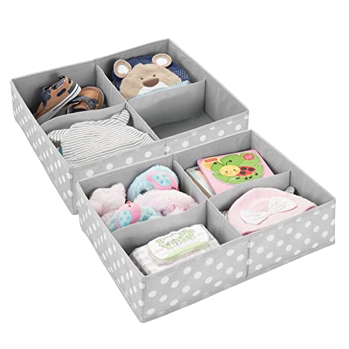 mDesign Soft Fabric Dresser Drawer and Closet Storage Organizer, 4 Section Divided Bin for Child/Kids Room, Nursery, Playroom, Bedroom - Fun Polka Dot Print, 2 Pack - Gray/White