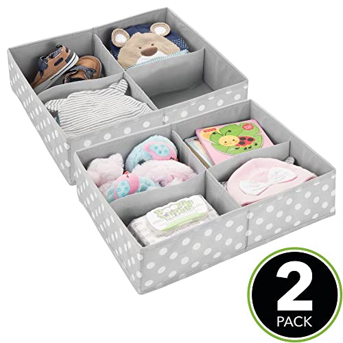 mDesign Soft Fabric Dresser Drawer and Closet Storage Organizer, 4 Section Divided Bin for Child/Kids Room, Nursery, Playroom, Bedroom - Fun Polka Dot Print, 2 Pack - Gray/White