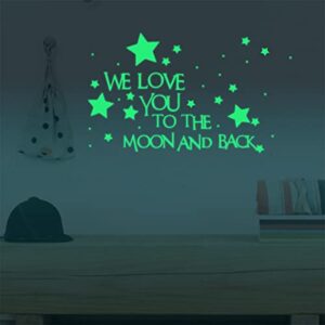 nursery wall decals glowing words stickers - we love you to the moon and back - words glow in the dark with stars around wallpaper for kids bedroom ceiling