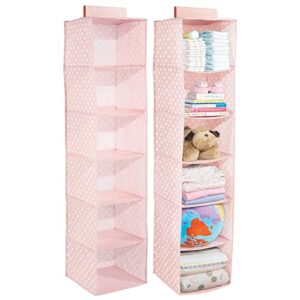 mdesign fabric hanging organizer - over closet rod storage with 6 shelves for baby nursery bedroom organization - hold clothes, linens, toys, accessories - 2 pack, pink/white polka dot