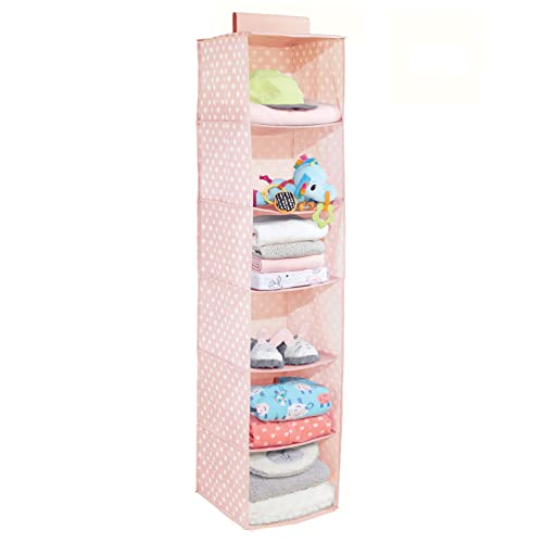 mDesign Fabric Hanging Organizer - Over Closet Rod Storage with 6 Shelves for Baby Nursery Bedroom Organization - Hold Clothes, Linens, Toys, Accessories - 2 Pack, Pink/White Polka Dot