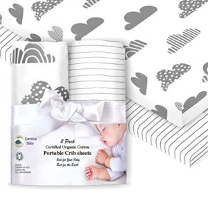 100% organic cotton fitted sheets for graco pack n play, babyletto, pamo babe, hiccapop, dream on me, evenflo, baby trend, hygge hush portable/mini crib/playards, and beka bedside bassinet 2 pk