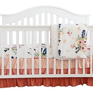 Sahaler Baby Crib Bedding Set for Boy Girls, Nursery Fitted Sheets Baby Minky Blanket Crib Kids Protective Pad Sets(Feather Floral 3pc Set)