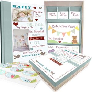 baby memory book w/keepsake box & 30 monthly & baby first milestone stickers - gender neutral first year scrapbook journal - baby photo album for boys & girls