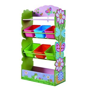 fantasy fields - magic garden kids wooden furniture, toy organizer with 6 removable bins and extra storage, combo shelf, pink