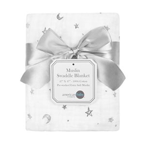 american baby company 100% natural cotton muslin swaddle blanket, gray stars/moon, 47" x 47", soft breathable, for boys and girls
