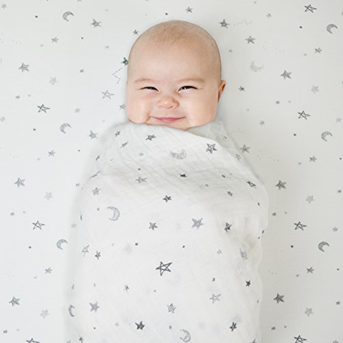 American Baby Company 100% Natural Cotton Muslin Swaddle Blanket, Gray Stars/Moon, 47" x 47", Soft Breathable, for Boys and Girls