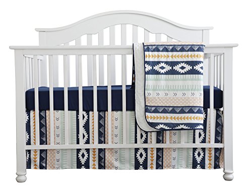 Baby Boy Crib Bedding Arizona Woodland Tribal Aztec Buck Nursery Crib Skirt Set Minky Blanket Navy Crib Sheet Crib Rail Bedding Set (Navy Aztec Buck, 3 Pieces Set)