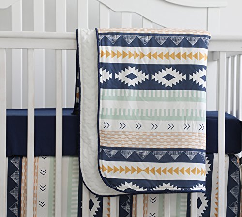 Baby Boy Crib Bedding Arizona Woodland Tribal Aztec Buck Nursery Crib Skirt Set Minky Blanket Navy Crib Sheet Crib Rail Bedding Set (Navy Aztec Buck, 3 Pieces Set)