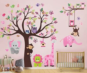 dekosh kids pink jungle theme peel & stick girl nursery wall decal, colorful owl giraffe lion tree decorative sticker for baby bedroom, playroom mural