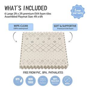 Yay Mats Stylish Extra Large Baby Play Mat. Soft, Thick, Non-Toxic Foam Covers 6 ft x 4 ft. Expandable Tiles with Edges Infants and Kids Playmat Tummy Time Mat (Carter Mudcloth Tan)