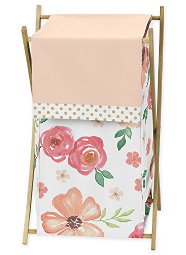 Sweet Jojo Designs Peach, Green and Gold Baby Kid Clothes Laundry Hamper for Watercolor Floral Collection - Pink Rose Flower