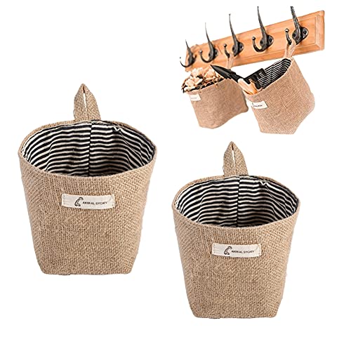 2Pcs Cotton Linen Storage Baskets, Wall Door Hanging Storage Baskets, Clothes Bag Home Gadget Storage Organizer Foldable Basket Wall Bins (Blue Stripe)