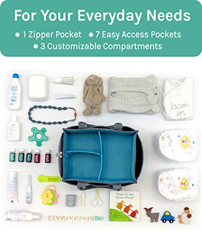 Premium Baby Diaper Caddy Organizer | Portable Nursery Storage Bin | Planner Caddy | Portable Craft Storage Organizer | Car Seat Tote with Zipper Pocket & 5mm Heavy Duty Felt (Grey/Turquoise)