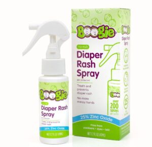 diaper rash cream spray by boogie bottoms, travel friendly no-rub touch free application for sensitive skin, from the maker of boogie wipes, over 200 sprays per bottle, 1.7 oz