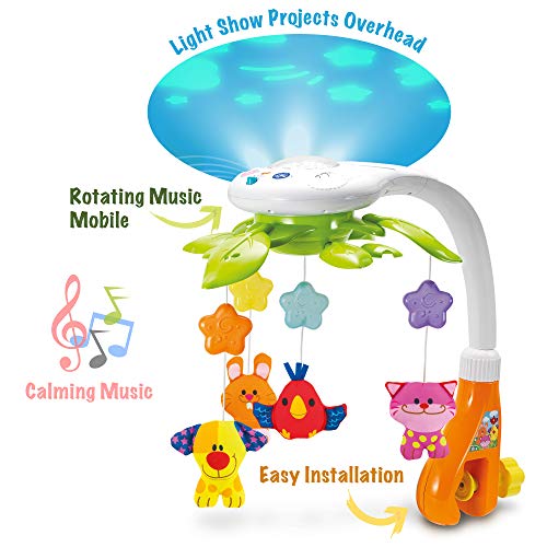 KiddoLab Baby Crib Mobile with Relaxing Music. Includes Ceiling Light Projector with Stars, Animals. Musical Crib Mobile with Timer. Nursery Toys for Babies Ages 0 and Older