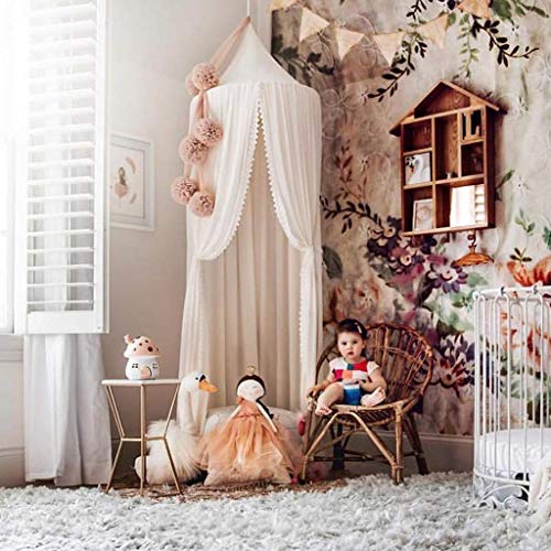 Kids Bed Canopy with Pom Pom Hanging Net for Baby Crib Nook Castle Game Tent Nursery Play Room Decor，White