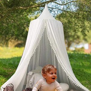 Kids Bed Canopy with Pom Pom Hanging Net for Baby Crib Nook Castle Game Tent Nursery Play Room Decor，White