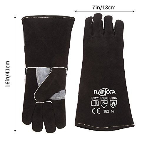 RAPICCA Welding Gloves 14 Inches,662℉,Heat Resistant Leather Forge/Mig/Stick Welding Gloves Heat/Fire Resistant, Mitts for Oven/Grill/Fireplace/Furnace/Stove/Pot Holder/BBQ/Animal Handling-Black