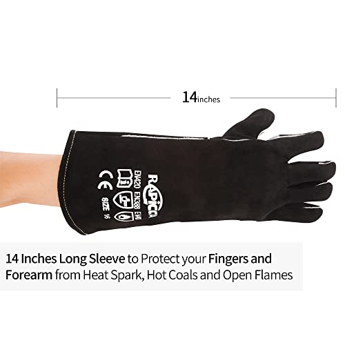 RAPICCA Welding Gloves 14 Inches,662℉,Heat Resistant Leather Forge/Mig/Stick Welding Gloves Heat/Fire Resistant, Mitts for Oven/Grill/Fireplace/Furnace/Stove/Pot Holder/BBQ/Animal Handling-Black