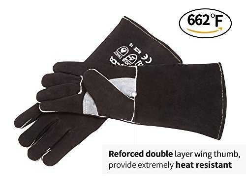 RAPICCA Welding Gloves 14 Inches,662℉,Heat Resistant Leather Forge/Mig/Stick Welding Gloves Heat/Fire Resistant, Mitts for Oven/Grill/Fireplace/Furnace/Stove/Pot Holder/BBQ/Animal Handling-Black