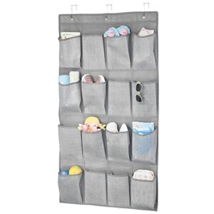 mdesign soft fabric over the door hanging storage organizer with 16 deep pockets for child/kids room, nursery, playroom - metal hooks included - herringbone print - gray