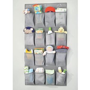 mDesign Soft Fabric Over the Door Hanging Storage Organizer with 16 Deep Pockets for Child/Kids Room, Nursery, Playroom - Metal Hooks Included - Herringbone Print - Gray