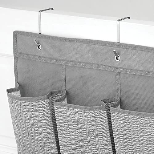 mDesign Soft Fabric Over the Door Hanging Storage Organizer with 16 Deep Pockets for Child/Kids Room, Nursery, Playroom - Metal Hooks Included - Herringbone Print - Gray