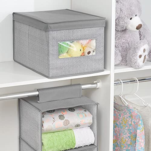 mDesign Large Soft Stackable Fabric Baby Nursery Storage Organizer Holder Bin Box with Front Window/Lid for Child/Kids Bedroom, Playroom, Classroom, Gray Herringbone