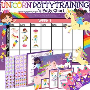 potty training chart for toddlers girls, unicorn design - sticker chart, 4 week reward chart - 213 cute stickers, certificate, instruction booklet & motivational cards - bonus celebratory crown