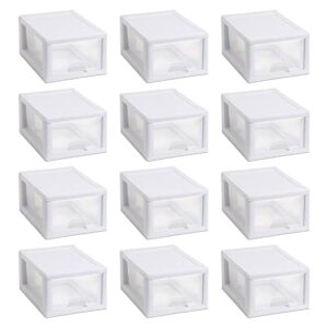 sterilite multipurpose stackable small drawer tote containers with reliable white frame for home or office organization, clear (12 pack)