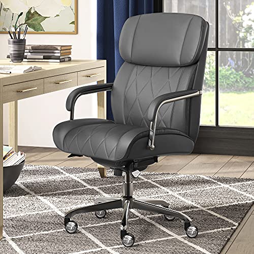 La-Z-Boy Sutherland Quilted Leather Executive Office Chair with Padded Arms, High Back Ergonomic Desk Chair with Lumbar Support, Grey Bonded Leather