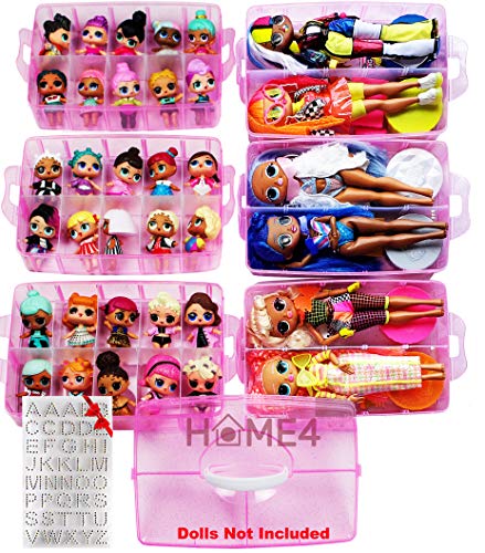 HOME4 No BPA 60 Adjustable Compartments 6 Layers Stackable Storage Container Organizer Carrying Display Case, Compatible with Surprise Small Toys LOL, Shopkins, OMG Barbie (Dolls Not Included) (Pink)