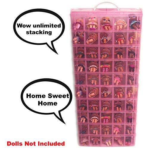 HOME4 No BPA 60 Adjustable Compartments 6 Layers Stackable Storage Container Organizer Carrying Display Case, Compatible with Surprise Small Toys LOL, Shopkins, OMG Barbie (Dolls Not Included) (Pink)