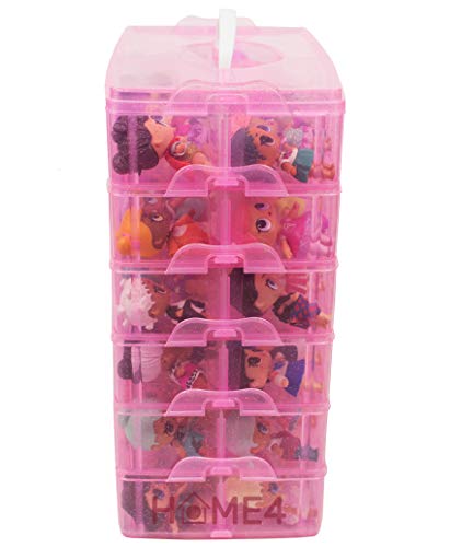 HOME4 No BPA 60 Adjustable Compartments 6 Layers Stackable Storage Container Organizer Carrying Display Case, Compatible with Surprise Small Toys LOL, Shopkins, OMG Barbie (Dolls Not Included) (Pink)