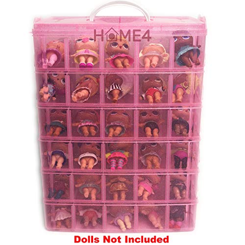 HOME4 No BPA 60 Adjustable Compartments 6 Layers Stackable Storage Container Organizer Carrying Display Case, Compatible with Surprise Small Toys LOL, Shopkins, OMG Barbie (Dolls Not Included) (Pink)