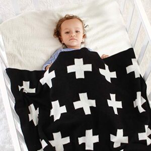 mimixong Baby Blankets Knitted Toddler Blankets Black and White with Cross Swiss Pattern for Boy and Girl 30×40 Inch Black